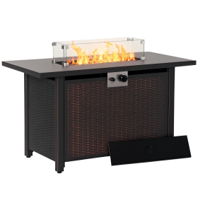43 Inch Outdoor Propane Gas Fire Pit Table, 50,000 BTU Auto-Ignition Rectangular Wicker-effect Gas Firepit with Glass Wind Guard, Lid, Glass Bea