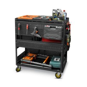 3-Tier DIY Detachable Utility Cart Storage Tool Cart With Steel Pegboard, Foldable Rolling Tool Cart With Wheels For Garage Organizer And Tool Storage