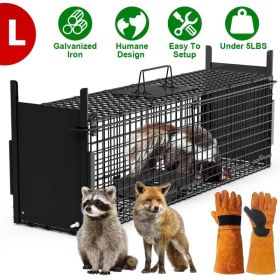 Live Animal Cage Trap For Animals Under Easy To Setup Humane Galvanized Iron Trap Cage For Raccoons Armadillos Groundhogs Muskrats Opossums Skunk (Option: LBlackWithGlove)