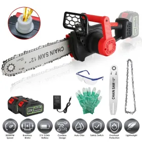 12-Inch Cordless Electric Chainsaw With 2 X 21V 1.5Ah/3.0Ah Batteries & Charger - Brushless Motor, Auto Oiler, Safety Switch For Tree Trimming, W (Option: Red)