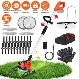 Cordless Grass Trimmer With Wheels 2Pcs 3.0Ah Batteries Rechargeable Handhold Lawn Mower With 3 Types of Blades Head Angle Adjustable Lightweight (Option: Orange)