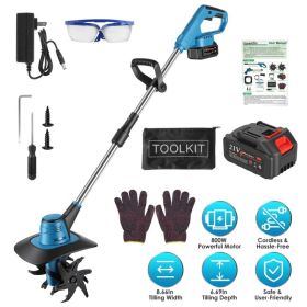 800W 21V Cordless Tiller Cultivator 3.0Ah Battery Powered Tiller With 8.66" Width 6.69" Depth Manganese Steel Tines For Soil Cultivation Weeding (Option: Blue)
