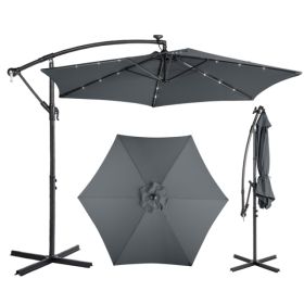 10FT Round Banana Hanging Patio Umbrella With 18 LED Lights, 6 Iron Ribs, Iron Straight & Curved Pole, Waterproof Polyester Canopy, With Stand Sl (Option: gray)